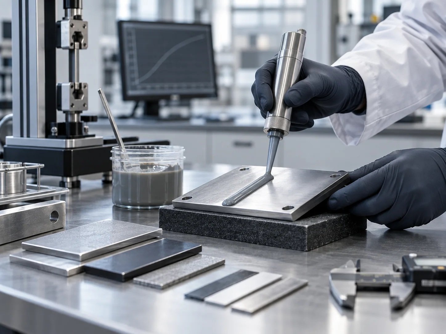 Gloved technician applying and testing a custom bonding material on a metal component
