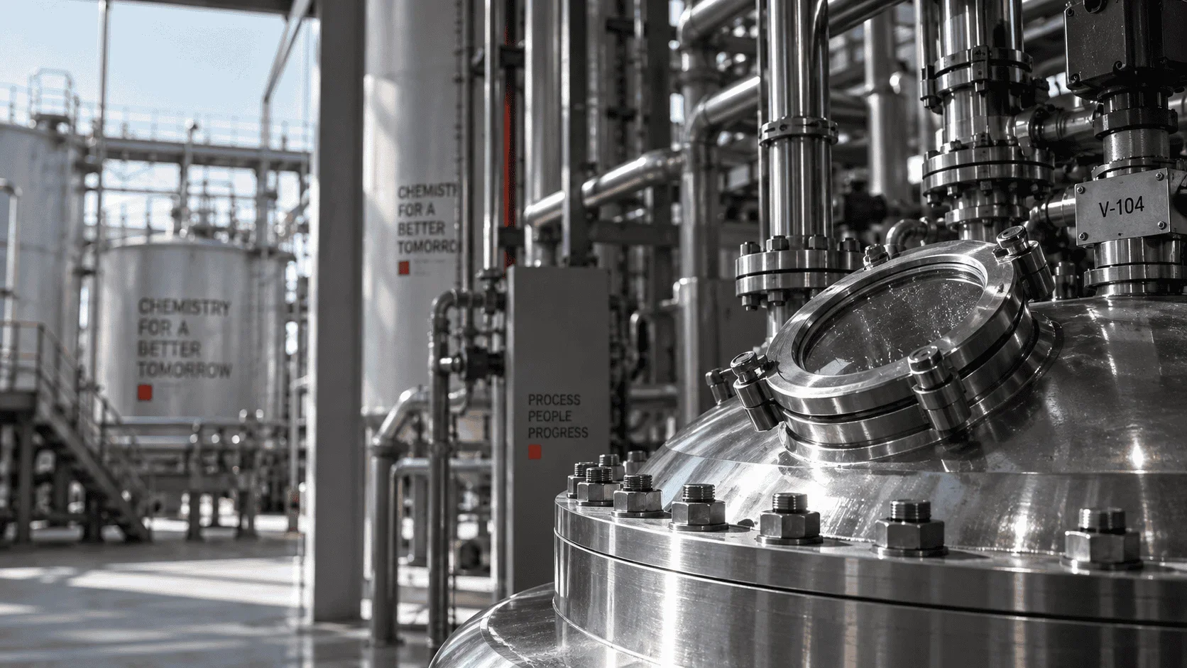 Stainless-steel processing equipment inside an industrial chemical plant