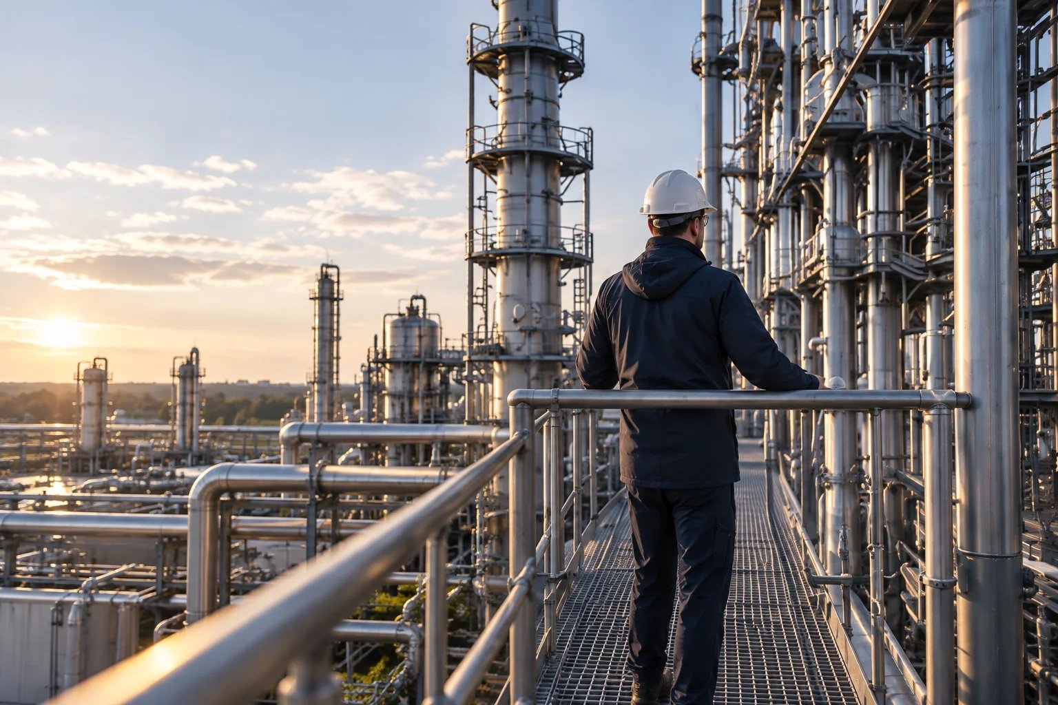 Process operator looking across a chemical plant at sunset from an elevated walkway