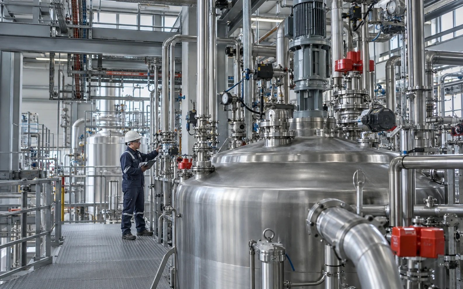 Process operator checking equipment among stainless-steel vessels inside a chemical plant