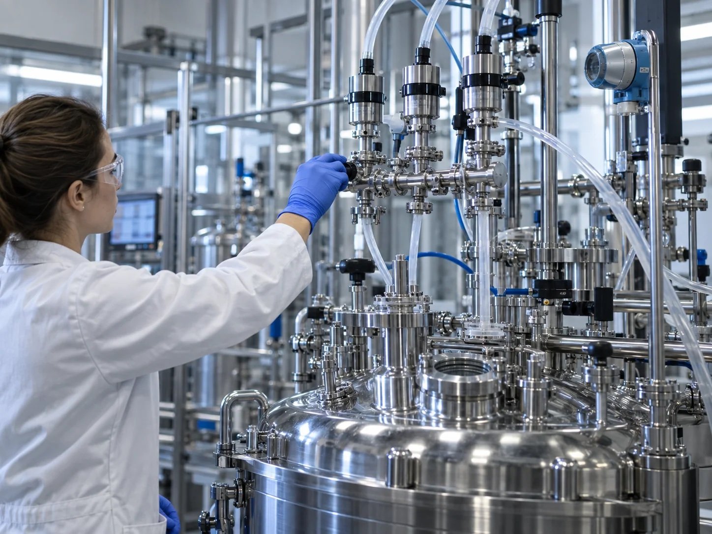 Technician adjusting a precision specialty-chemical dosing system in a modern production laboratory