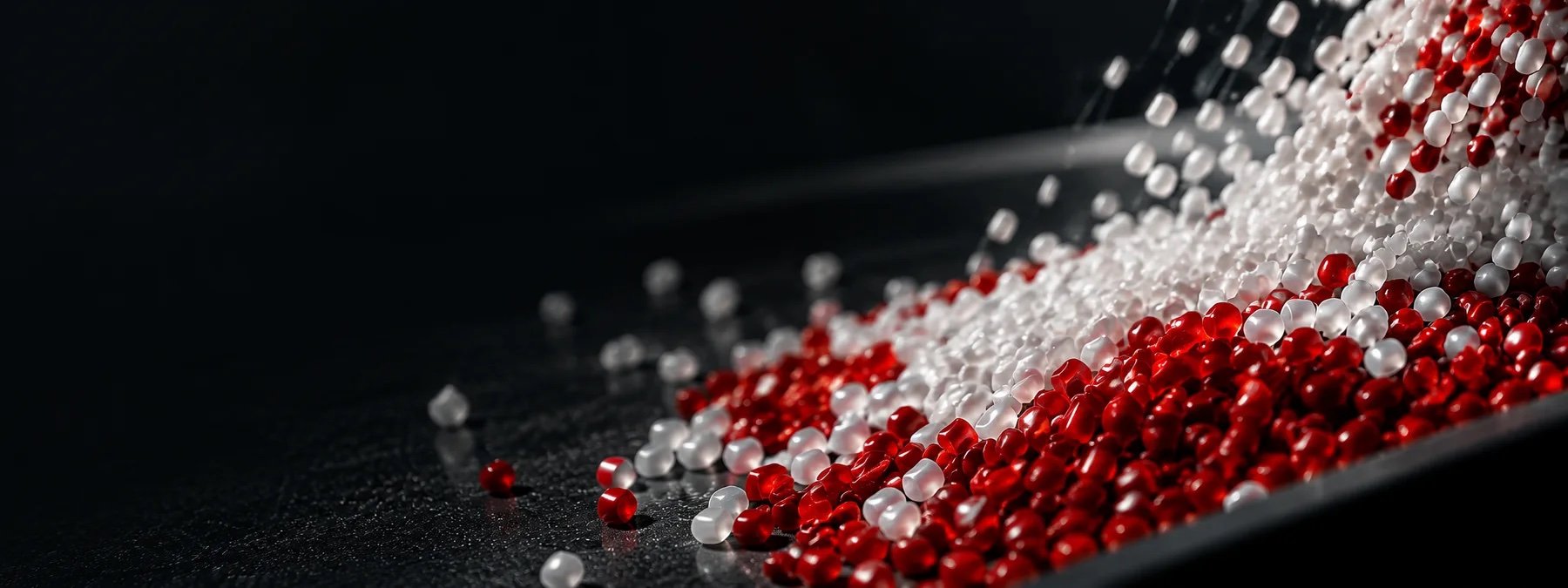 Red and white polymer pellets moving across a dark industrial production surface