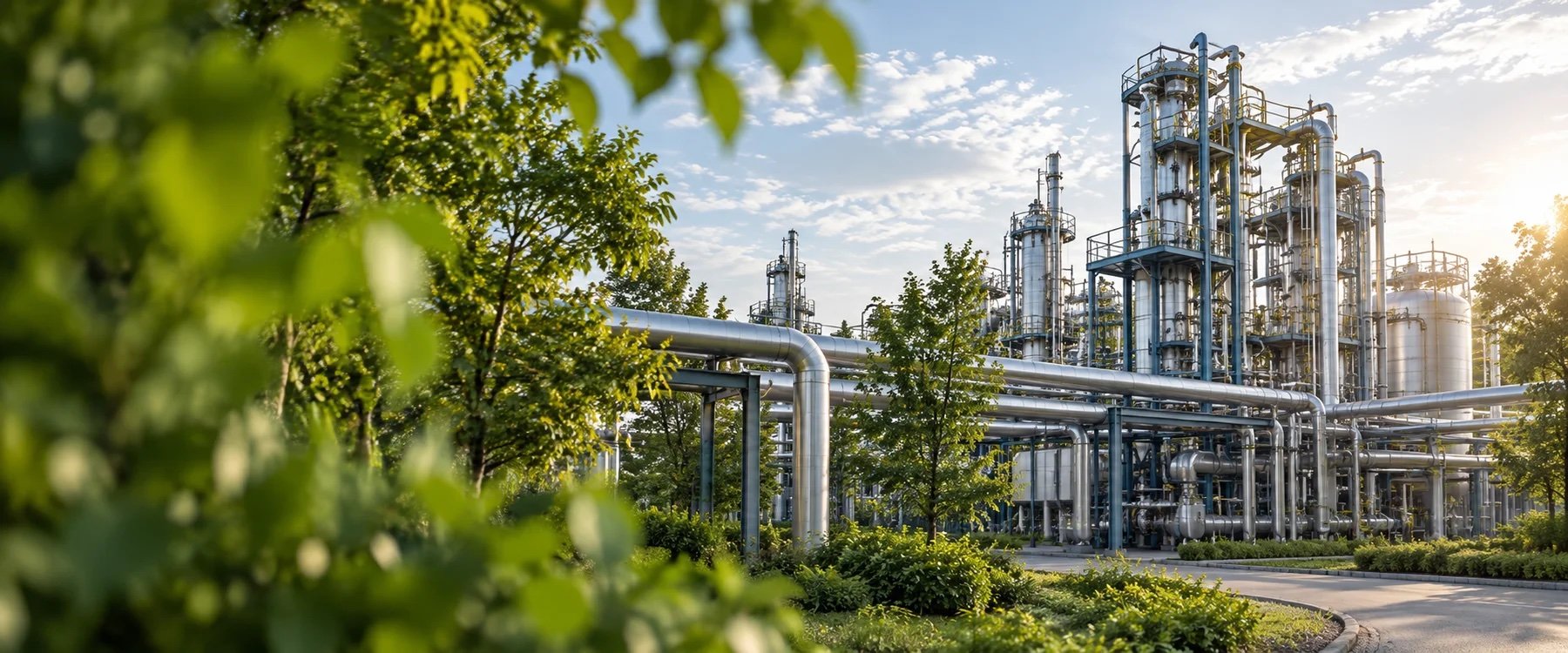 Modern chemical process facility integrated with mature trees and green vegetation