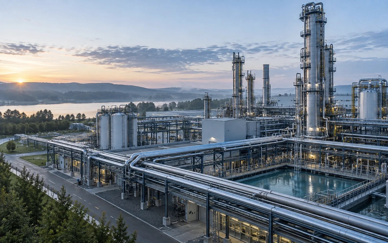 Elevated view of a chemical processing plant beside a river at dawn