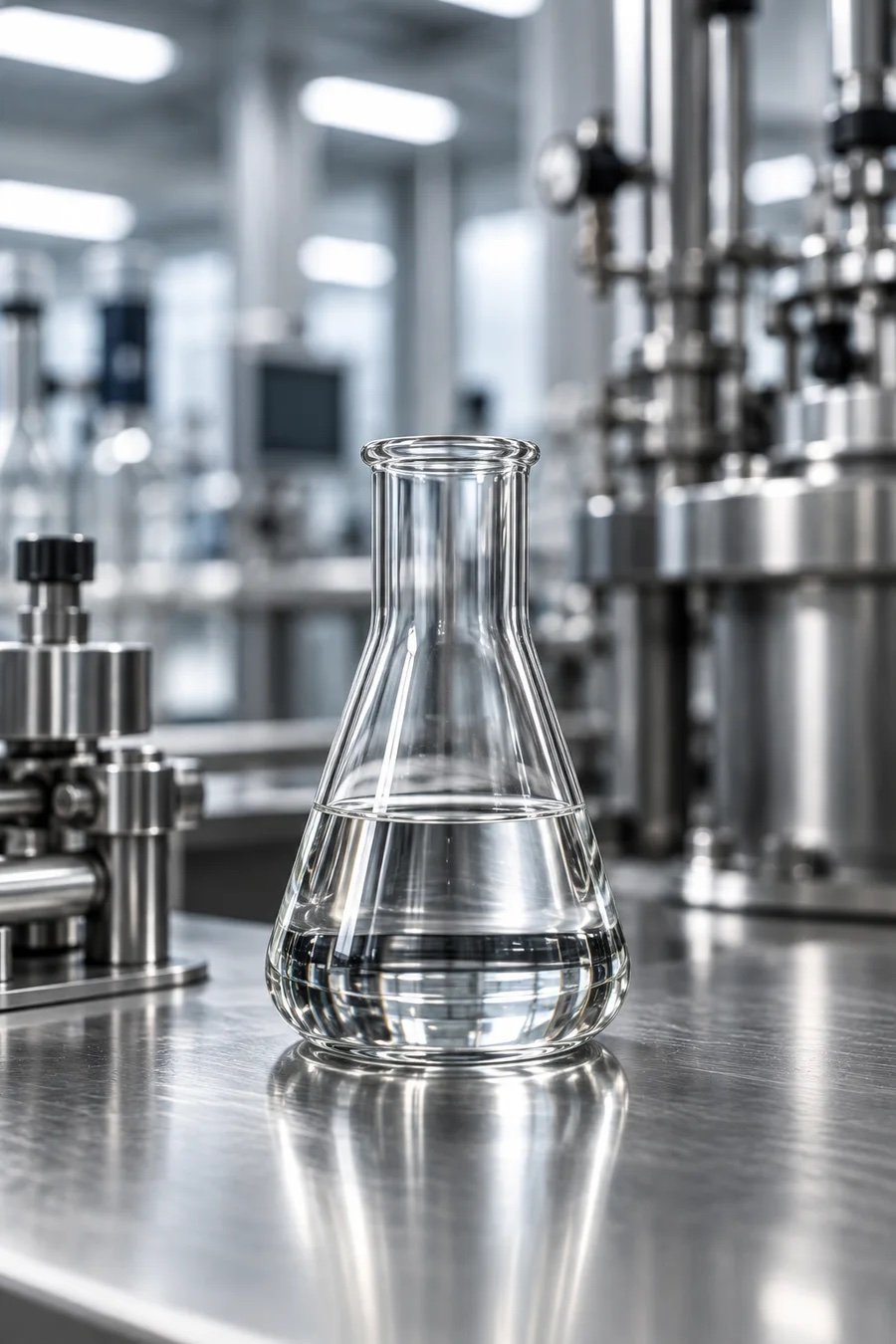 Glass laboratory flask of clear liquid on a stainless-steel bench with process equipment behind