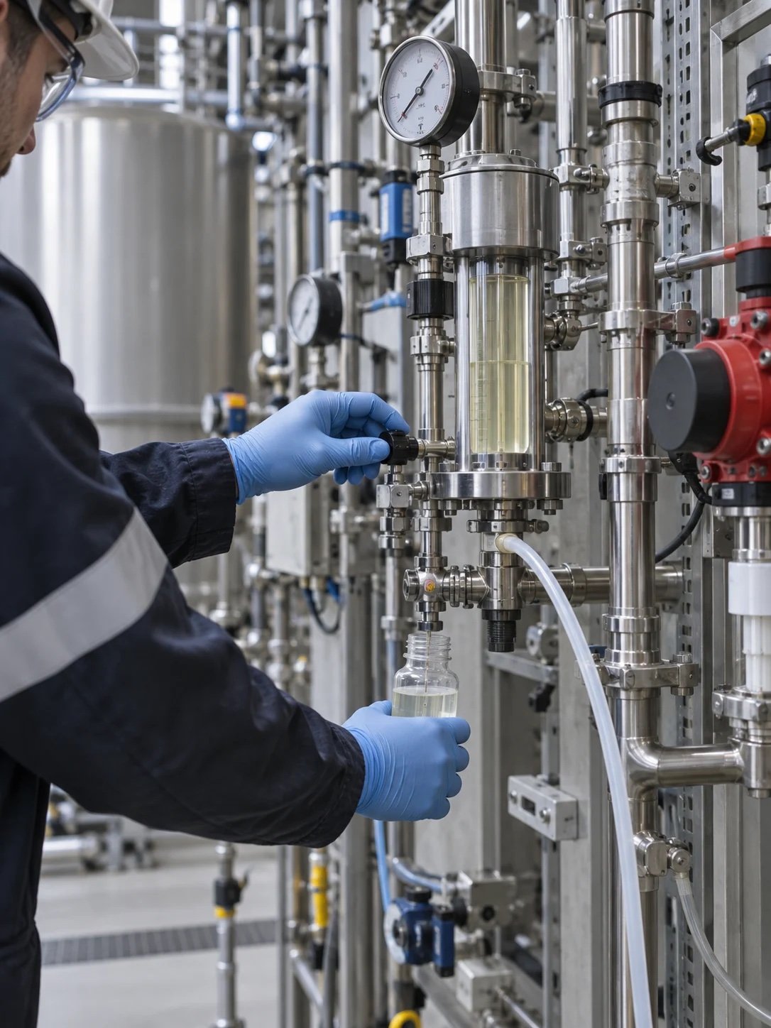 Operator drawing a liquid sample into a bottle from a sight glass on process piping